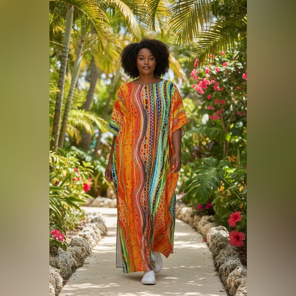 Roper Romp Colorful Orange Multi-Stripe Women's Casual Caftan Maxi Dress